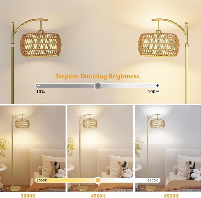 eyassi Arc Floor Lamp with 3 Color Temperatures, LED Gold Floor Lamp with Remote & Stepless Dimmable Bulb, Boho Standing Lamp with Rattan & Fabric Shades, Farmhouse Tall Lamp for Living Room Bedroom