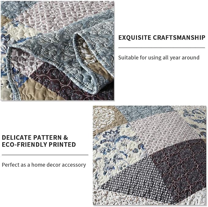 Travan 3-Piece Queen Quilt Set Quilted Bedspread Oversized Microfiber Lightweight Coverlet Set with Shams Reversible Printed Coverlet Bedding Set for All Season, Slate Blue, Queen Size