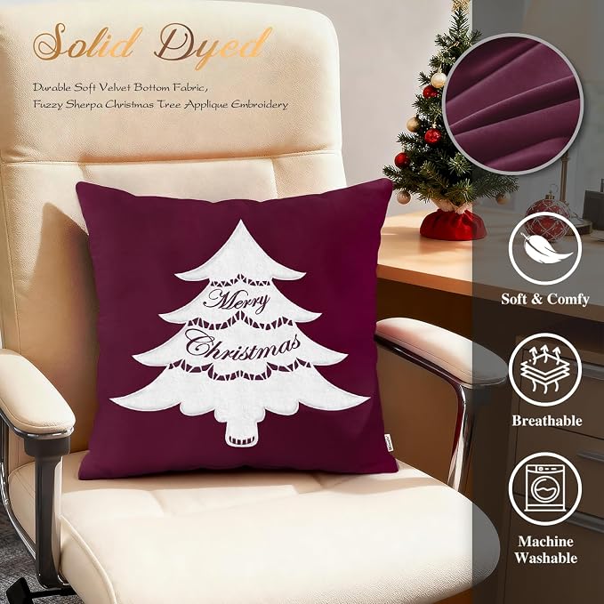 BRAWARM Christmas Pillow Cover 18 X 18 Inches, Burgundy Christmas Tree Embroidered Pillow Cover, Soft Velvet Decorative Throw Pillow for Couch Bed Sofa Living Room Home