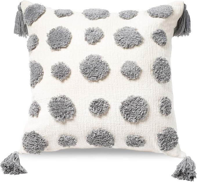 PLWORLD Boho Gray Pillow Cover 20x20, Tufted Chenille Cushion Case with Pom Poms & Tassels, 1PC Cover Only, No Insert