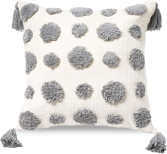 PLWORLD Boho Gray Pillow Cover 20x20, Tufted Chenille Cushion Case with Pom Poms & Tassels, 1PC Cover Only, No Insert