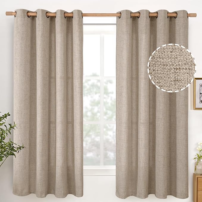 YoungsTex Oatmeal Linen Semi Sheer Curtains 63 lnch Length, Tan Drapes | Textured Light Filtering with Bronze Grommet for Bedroom Living Room Farmhouse, 52 X 63 Inch