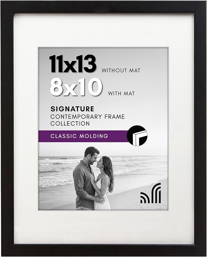 Americanflat 11x13 Picture Frame with Shatter-Resistant Glass - Use as 8x10 Frame with Mat or Display 11x13 Photo Without Mat - Signature Collection - Picture Frames for Wall Display - Black