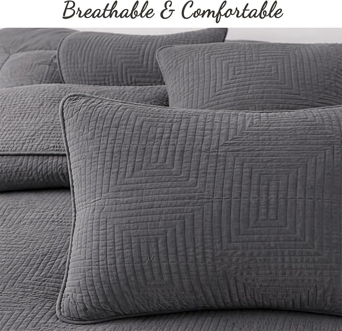 Cozy Line Home Fashions 100% Cotton Quilt Set – 3-Piece Charcoal Gray Geometric Basketweave Quilted Bedspread with Shams, Lightweight All Season Modern Bedding (Maze Gray, King)