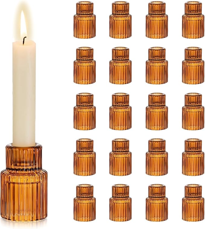 Hewory Glass Candlestick Holders Bulk, 20PCS Amber Taper Candle Holders | For 0.86" Taper Candles, Ribbed, Vintage Candle Sticks Holder Decor, Wedding Table Centerpiece Fall Thanksgiving Home Decor