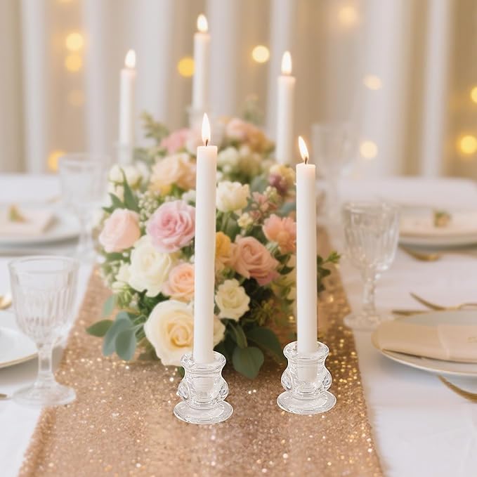 Clear Glass Taper Candle Holders Set of 12 | Candlestick for Wedding Decoration and Dinning