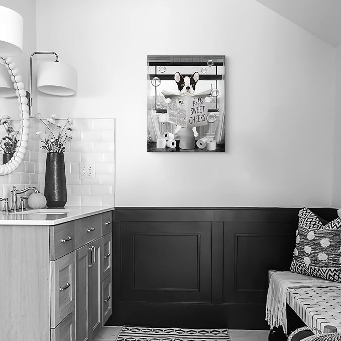 Parylore Funny Bulldog Wall Art Black and White Dog Bathroom Print Farmhouse Bathroom Animals Wall Decor Dog Sitting in Toilet Reading Newspaper Painting Framed Artwork for Toilet Bathroom 16x24 inch