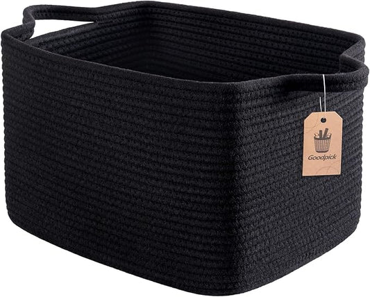 Goodpick Woven Storage Basket for Shelves, 13" x 10" x 9", Black | Stylish Gift Basket for Home Decor, Cotton Rope Baskets for Books, Toys & Towels Storage, Living Room & Bedroom Organization