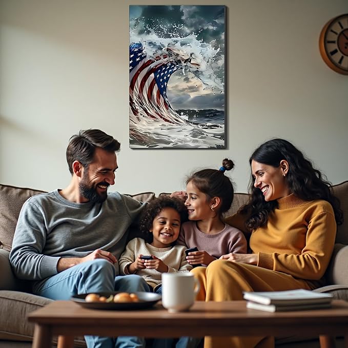 Framed American Flag Ocean Wave Wall Art, Patriotic Abstract Canvas Art Pictures, USA Flag Wall Decor, Made in USA Ready to Hang for Living Room Bar