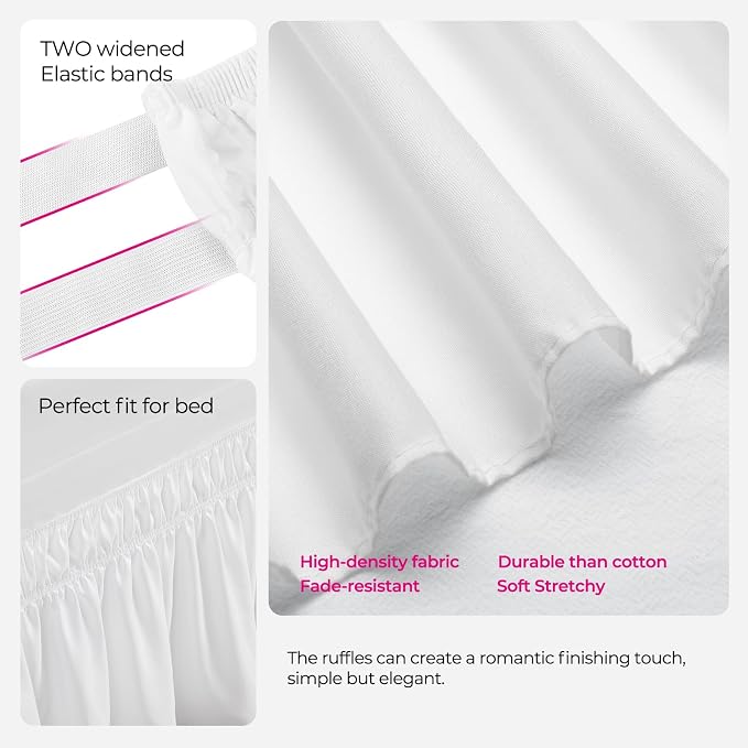 Dorm Bed Skirt Twin XL 22" Drop, College Dorm Room Essentials, White | Solid ruffled, Wrap-around/elastic, Wrinkle & Fade resistant, with Adhesive Strips, Gift Packed, Machine Wash/Dry/Iron