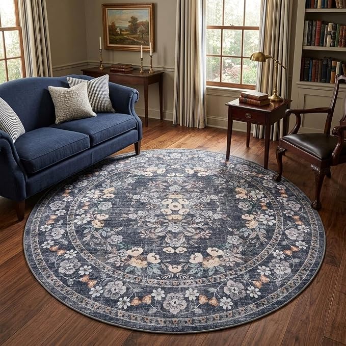 GarveeHome 4ft Round Rug for Living Room Washable Vintage Floral Throw Rug | Leaf Flower Botanical Floor Carpets for Bedroom Vintage Distressed Blue Bordered Area Rug for Dining Room
