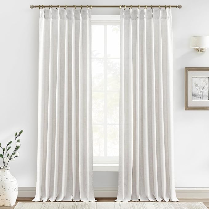 PleatedDrapes 102 Inch Long Curtains for Living/Dining Room, Elegant Pinch Pleated Linen Curtain 102 inches Light Filter Privacy That Let Light in Cortinas para Sala Modernas 2 Panels Set Beige White