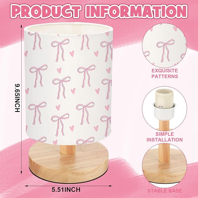 VIHOSE Pink Bow Kids Table Lamp for Bedroom Kids Lamps for Girls Room