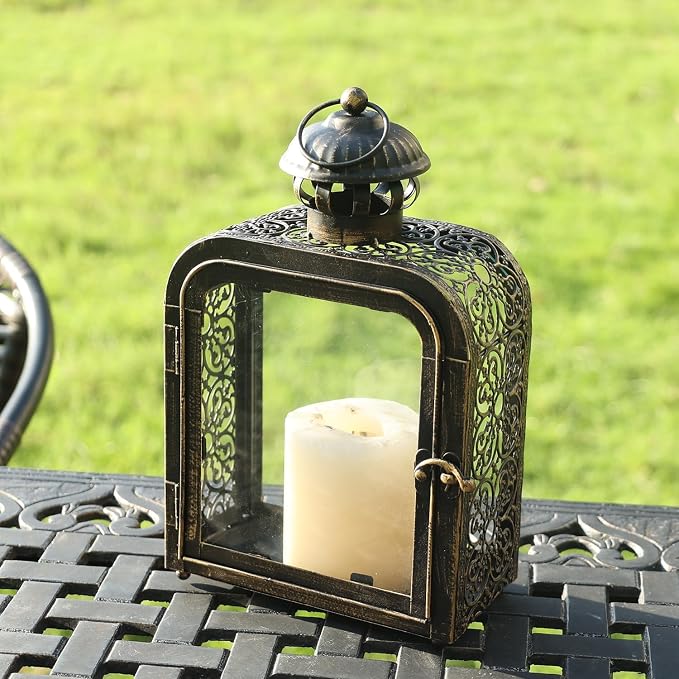 Candle Lantern Decorative Indoor & Outdoor, Vintage Metal Lanterns with Clear Glass, Tabletop&Hanging Candle Holders for Patio Front Porch Home Decor, Christmas Decorations (Bronze)