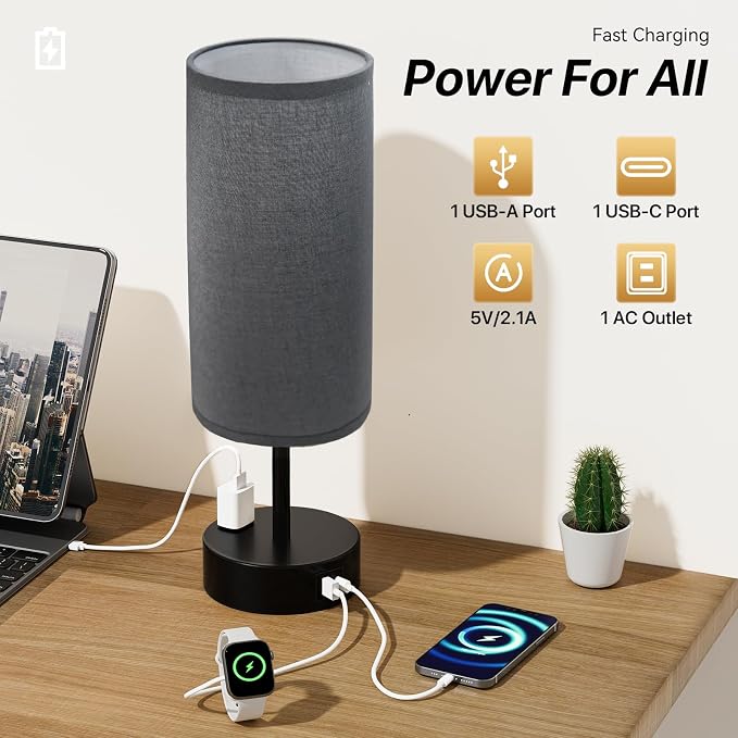 KPQ Bedside Lamp Touch Control Table Lamp with USB A+C Charging Ports & AC Outlet 3-Way Dimmable Nightstand Lamp with Linen Fabric Shade (Grey Shade-Black Base, 14" Small Size Touch Control)