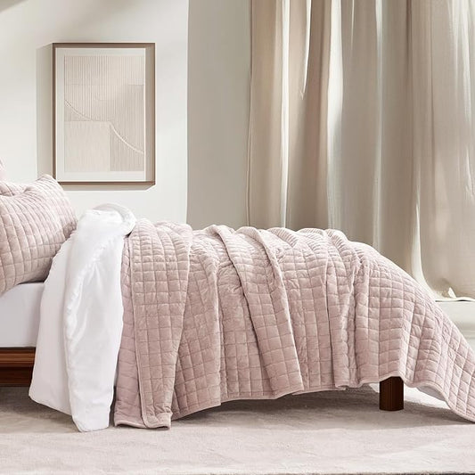 RECYCO Channel Box Stitch Velvet Quilt Set, Twin/Twin XL Size, Rose Pink | Ultra Soft Lightweight Velvet Comforter, Luxury Oversized Bedspread Coverlet, Quilted Bedding Set for All Season with 1 Sham