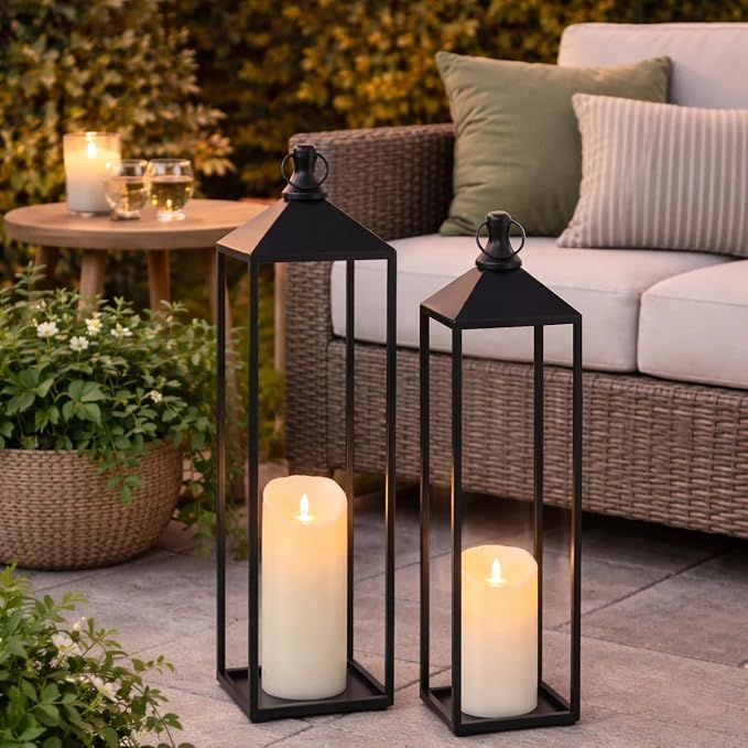 22'' 19'' Large Lanterns Decorative Outdoor Indoor, Set of 2 Candle Lantern | Black Metal Floor Lanterns Decorative for Home Decor, Mantle, Fireplace, Patio, Porch, Garden, Modern Farmhouse No Glass