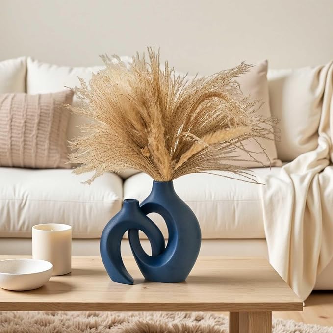 Lvases Snuggle Hollow Ceramic Flower Vaseof 2, Matte Navy Blue Home Decor | 8.4" Minimalist Nordic Boho Pampas Grass Decorative Vase Modern Aesthetic Ins Style Living Room Coffee Table Centerpieces