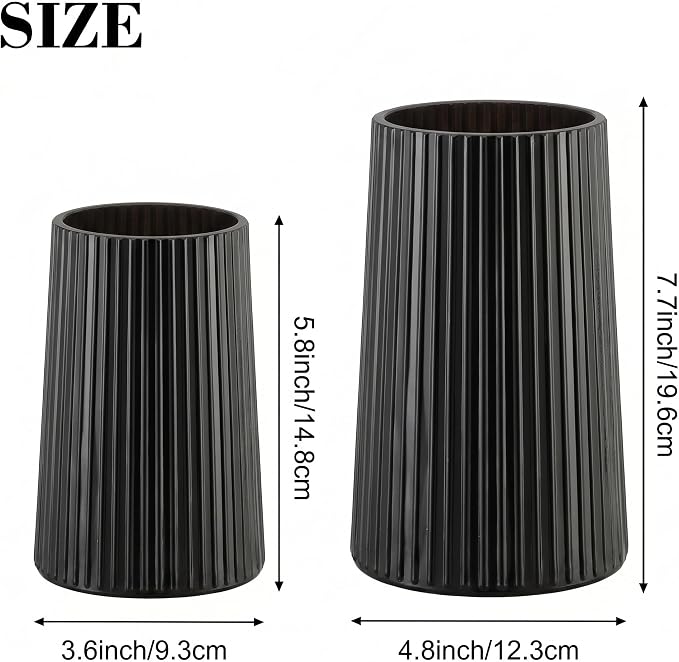 Ribbed Flower Vases Set of 2, Black Vases for Flowers, Flower Vase for Bouquet, Modern Ribbed Glass Vase for Living Room, Bedroom, Dining Table, Office, Wedding, Centerpieces