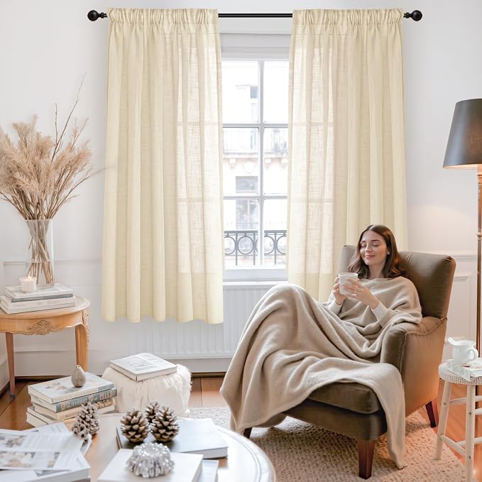 YoungsTex Natural Linen Semi Sheer Curtains 52X63 Inch Length 2 Panels | Light Filtering Drapes Textured with Rod Pocket Back Tab for Bedroom Living Room Lightweight