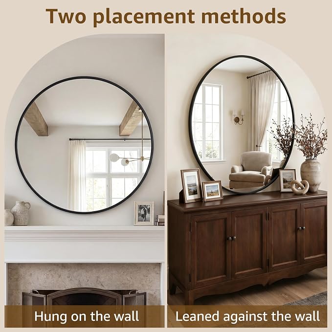 DUMOS 28 Inch Round Wall Mirror, Bathroom Mirrors for Over Sink | Matte Metal Framed Circle Mirror, Wall Decor for Bedroom, Entryway, Anti-Rust, Tempered Glass, Hanging or Leaning, Black