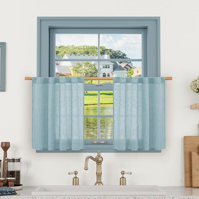36 Inch Length Linen Semi Sheer Curtains for Small Windows 2 Panels | Semi Sheer, Light Filtering, Rod Pocket Back Tab, Country Decor Drapes for Basement, Kitchen, Stone Blue, 34 x 36 Inch