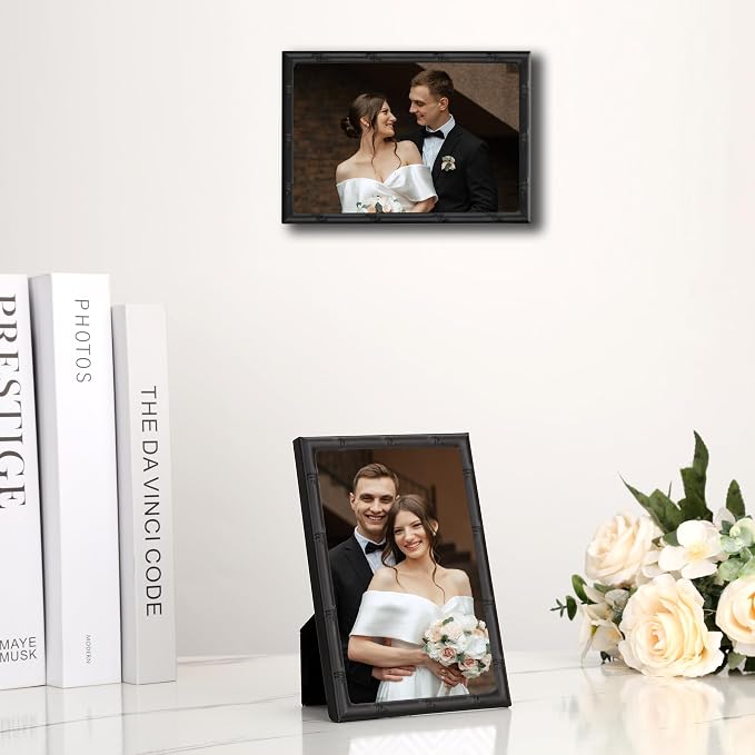YiPinYin Black 4x6'' Bamboo Detail Design Metal Picture Frame 2pack,Class 6x4'' Metal Photo Frames With Real Glass and Soft Touch Velvet & Backing for Desktop and Wall Décor