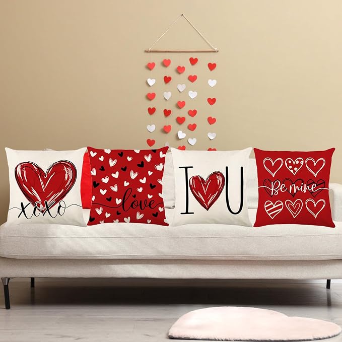 ONFAON Valentines Day Decorations-Valentines Day Pillow Covers 18x18 Inch Set of 4 Red Heart Love You More for Large Couch Sofa Home Indoor Outdoor Holiday Decorations