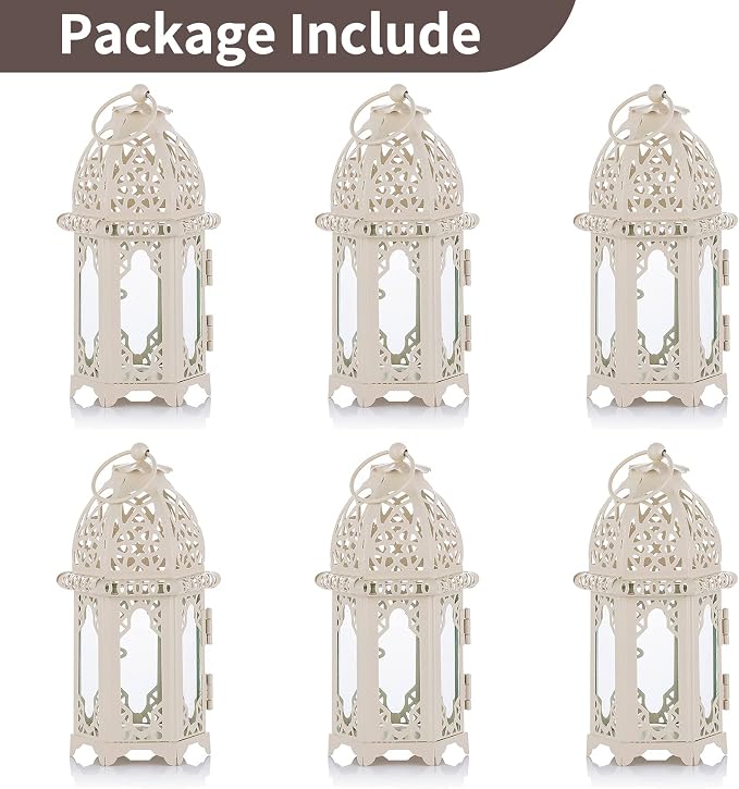 NUPTIO 6 Pcs Moroccan Style Candle Lantern - Small Sized Tealight Candle Holder with Transparent Glass Panels Great for Patio, Indoors/Outdoors, Events, Parties and Weddings, White