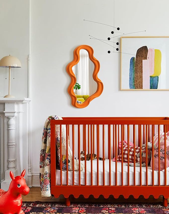 Small Decorative Mirror for Girly Bedroom Dresser Decor, Vivid Abstract Wavy Wall Mirrors for Home Aesthetic Book Coffee Shop Hotel Decoration, Unique Gift for Birthday Thanksgiving (Orange)