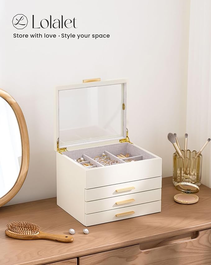 Lolalet Jewelry Box, Clear Window Wood Jewelry Storage for Earrings Bracelets Necklaces Rings, High Capacity Organizer for Women, Valentine's Day Gift -Beige, 4 Layers