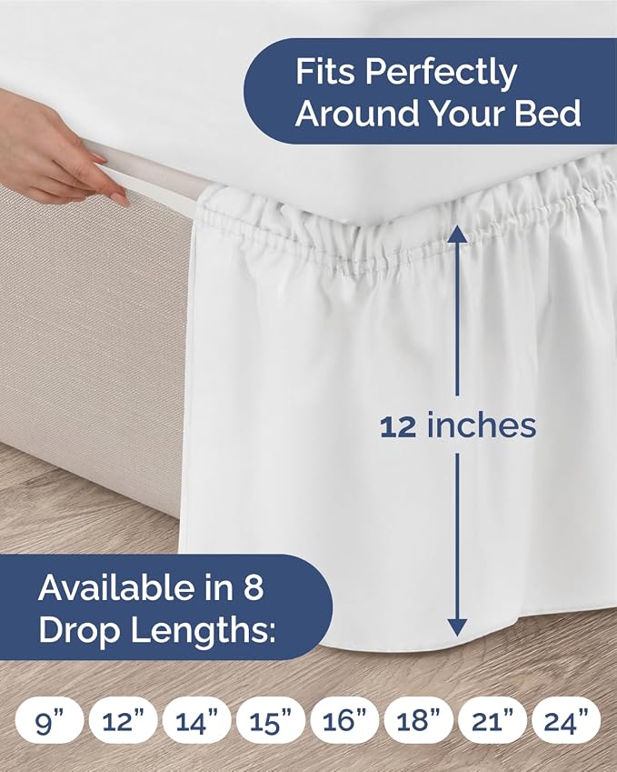 Wrap Around Dust Ruffle Bed Skirt, King Size Beds - 12 Inch Drop, White | Easy Fit Elastic Strap, Adjustable Pleated Bedskirt w/Brushed Fabric, Wrinkle & Fade Free, for Women, Men, Kids & Teens
