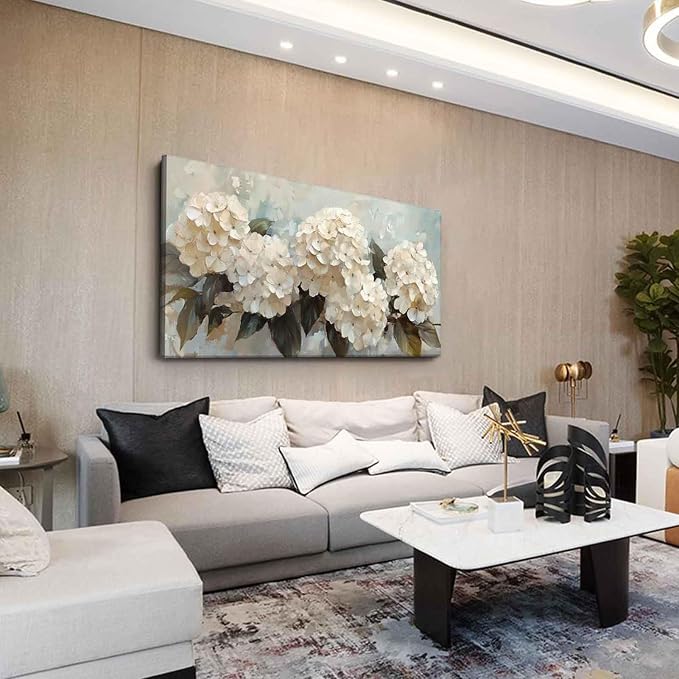 Large Hydrangea Canvas Wall Art 3D Texture White Flower Plant painting Decor Pictures Botanical Floral Posters Prints for Living Room Classroom Bedroom office corridor Decoration