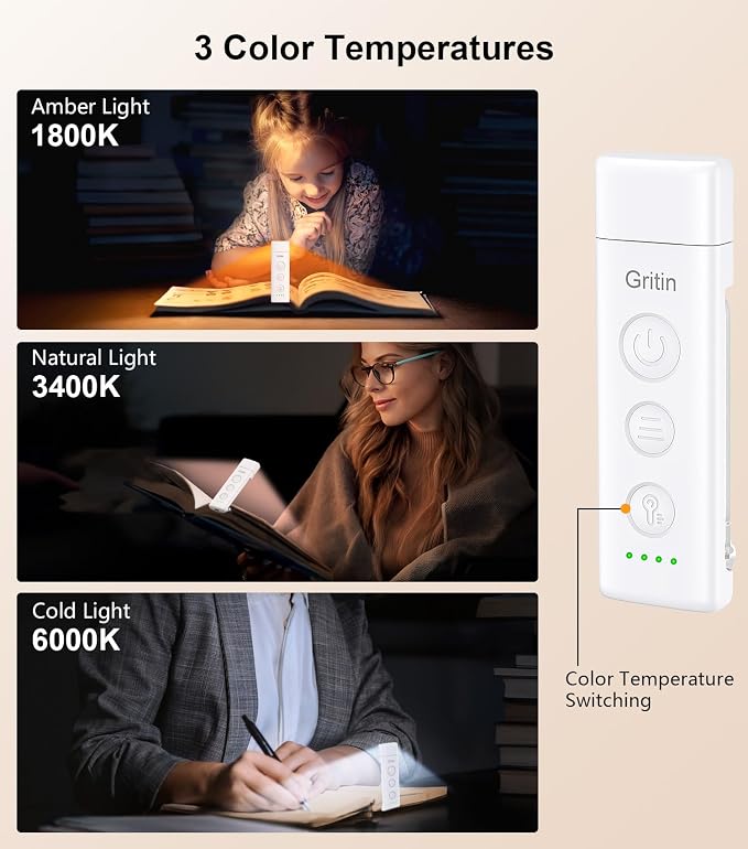 Gritin Book Light Rechargeable, Clip on LED Reading Light for Books in Bed