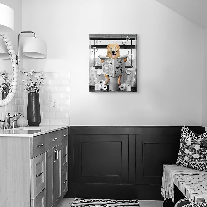 Funny Golden Retriever Wall Art Black and White Dog Bathroom Print Farmhouse Bathroom Animals Wall Decor Dog Sitting in Toilet Reading Newspaper Painting Framed Artwork for Toilet 16x20 inch