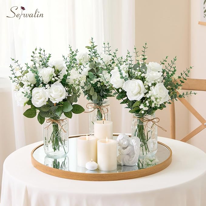 Serwalin 60 Pcs Mixed Eucalyptus Greenery Stems, White Roses, Babys Breath | Greenery for Centerpieces, Faux Eucalyptus Stems for DIY Wedding Bouquets, Floral Arrangement, Vase and Home Decor