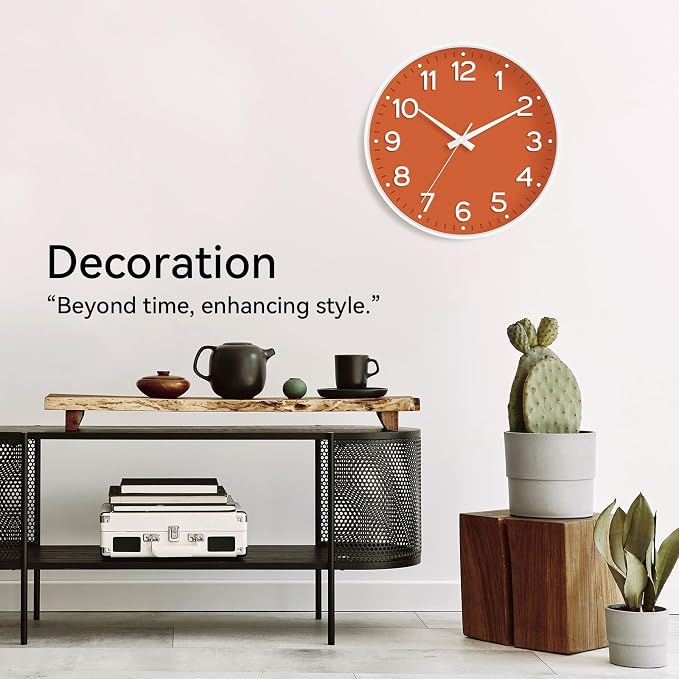 Roymnie 8 Inch Wall Clock, Battery Operated Silent Non Ticking Analog | Orange modern analog; large 3D easy-read dial for kitchen, office, bathroom & bedroom; 1 AA battery (not included)