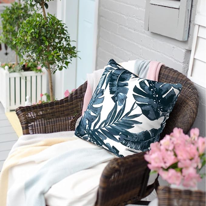 Outdoor Pillow Covers for Patio Furniture 20x20 Inch, Decorative Patio Throw Pillow Covers Set of 2, Modern Square Cushion Cases for Porch Garden Home Office, Palm Blue