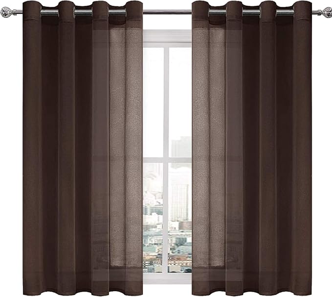 DWCN Brown Sheer Curtains Linen Look Semi Transparent Voile Grommet Curtains for Living Room Bedroom Drapes 52 x 54 inch Length, Set of 2 Panels