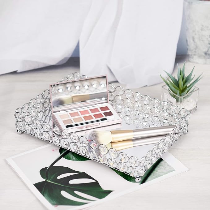 Feyarl Crystal Vanity Makeup Perfume Tray Ornate Jewelry Trinket Organizer Cosmetic Decorative Tray Skin Care Storage for Home Dressing Table Wedding Decoration(Rectangle 12" x 8")