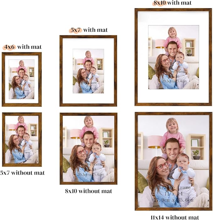 Giftgarden 14 Pack Brown Picture Frames Set, 2pcs 11x14 Matted for 8x10, 6pcs 8x10 Matted for 5x7, 6pcs 5x7 Matted for 4x6, Gallery Frame Collage for Wall or Tabletop Display