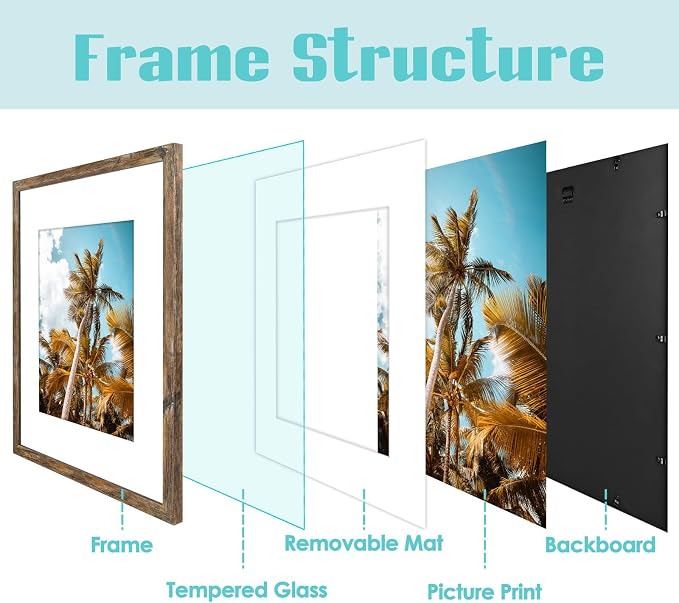 Frametory 16x20 Rustic Brown Picture Frame with Real Glass Mat for 11x14