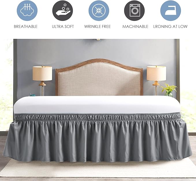 FreshCulture Twin Bed Skirt, Elastic Wrap Around Bed Skirt Twin Bed, Easy Fit with 15-Inch Tailored Drop, Hotel Quality Bed Skirts for Adjustable Bed (Dark Grey)