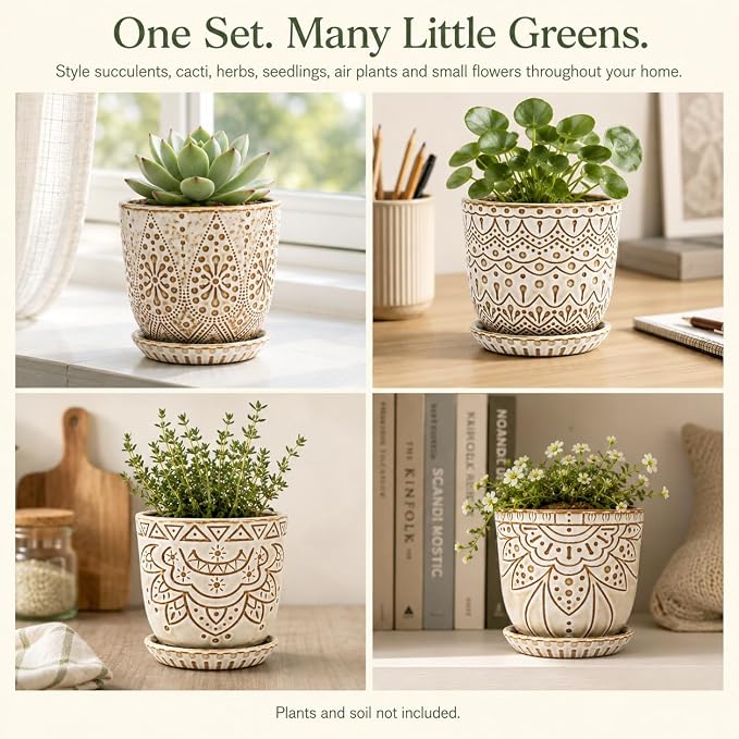 Gepege Ceramic Succulent Pots, 4 Inch Small Plant Pots with Drainage | Ceramic succulent pots with drainage holes, ceramic saucers and mesh pads, set of 4, ideal for cactus and succulents