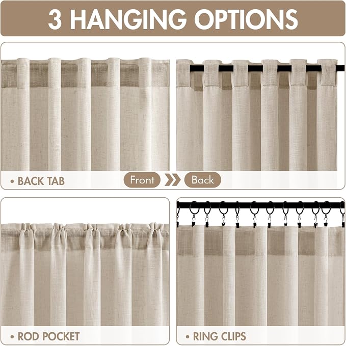 MIULEE Oatmeal Back Tab Linen Curtains 4 Panels 42W x 102L | Linen material, light filtering, rod pocket back tab hanging, farmhouse decor for living room bedroom