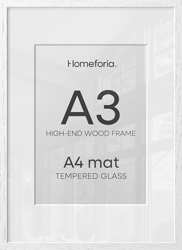 Homeforia A3 White Oak Picture Frame, High-End Wood, A4 Mat, Glass