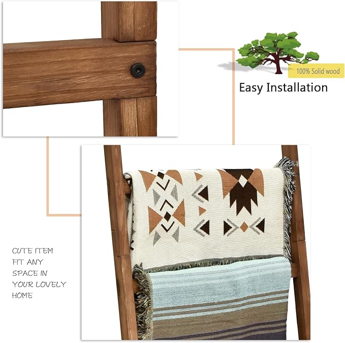 FUIN Blanket Ladder, 24in Wide Rustic Solid Wood Decor Rack, Brown | 6.4 ft high and 6 rungs, farmhouse quilt display holder, organize towel and scarf, leaning wall, bathroom and living room use