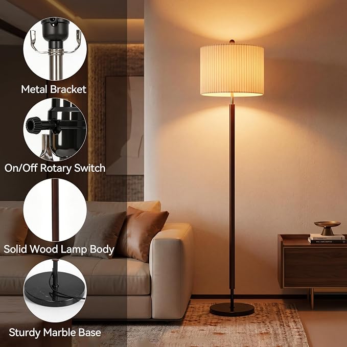 Mid-Century Modern Vintage Floor Lamp, 2-in-1 Pleated & Traditional Lampshade, Marble Base with Rotary Switch, Wooden Standing Lamp for Living Room, Bedroom, Home Decor, Bulb Included