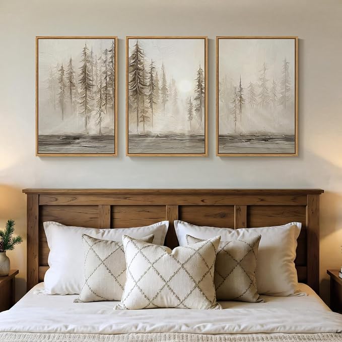 Framed Neutral Abstract Pine Tree Landscape Wall Art Bedroom, 16x24 Inch | 3 piece, Modern, Canvas artwork, Nature forest picture, Farmhouse wall decor, Home office art, Ready to hang, Wood frame