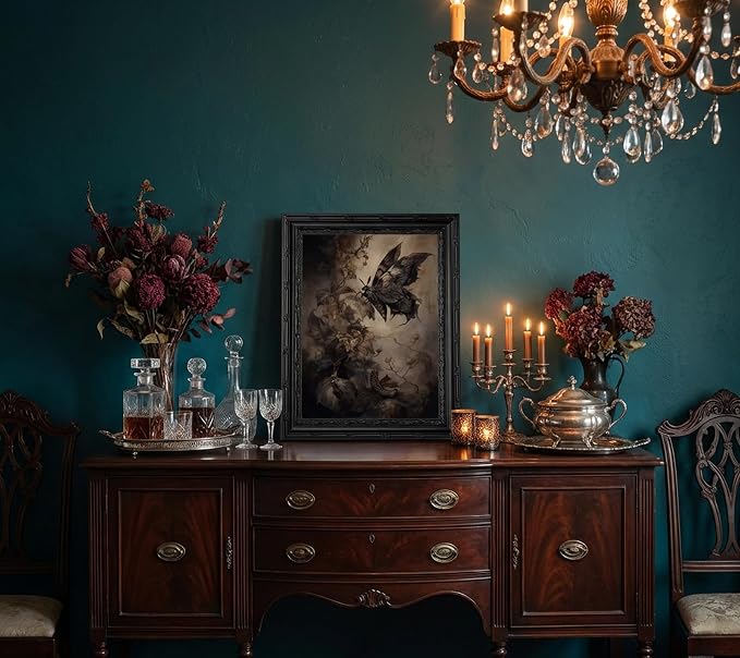 Black Framed Gothic Moth Canvas Wall Art, Vintage Dark Floral Painting Picture Wall Decor, Witchy Moody Insect Poster Prints Artwork for Bedroom Living Room Kitchen Home Decoration, 12x16in